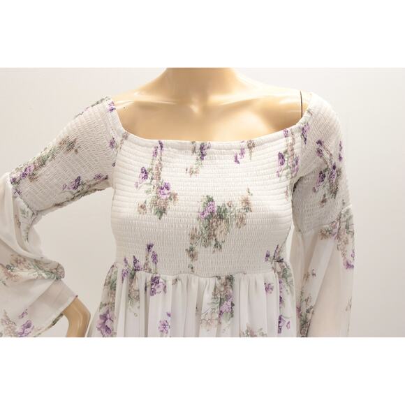 Torrid Dress Women's 1X Midi White Chiffon Smocked Floral Bell Sleeves Lined - Picture 5 of 9